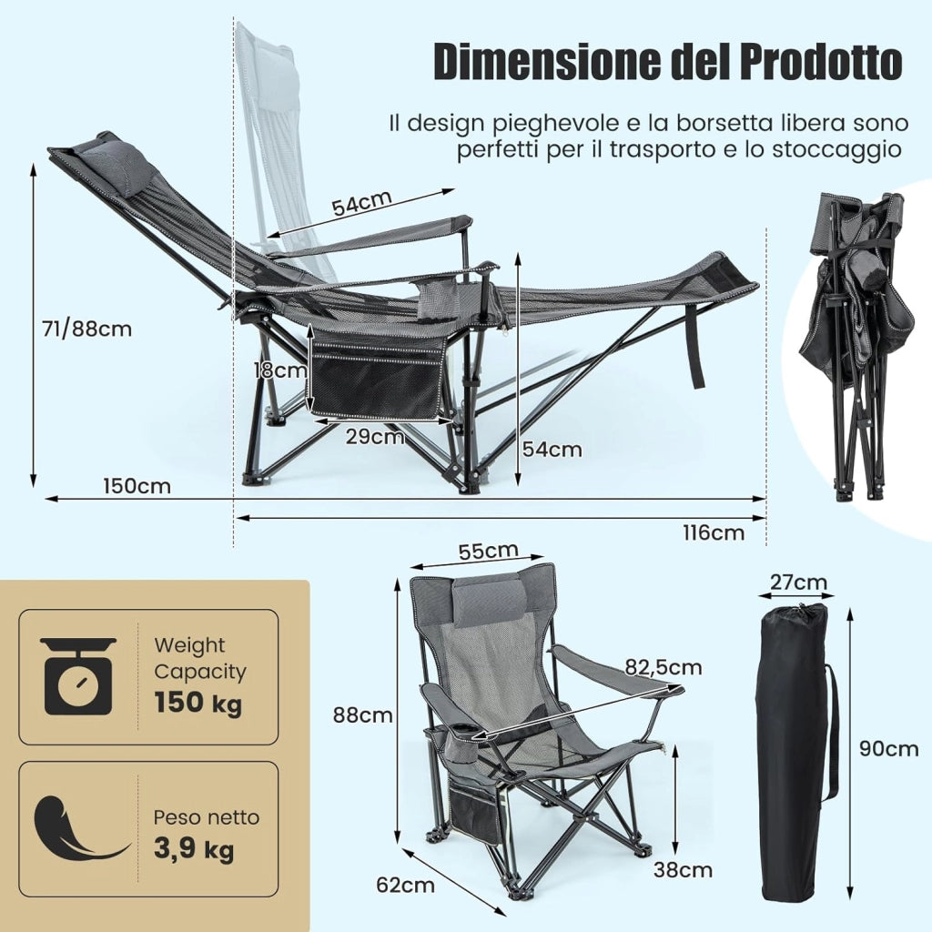 Sedia da Campeggio con Poggiapiedi Rimovibile, Sedie a Sdraio con Schienale Regolabile, Sedia Pieghevole con Borsa Portaoggetti, per Pesca, Campeggio, Picnic(Grigio)