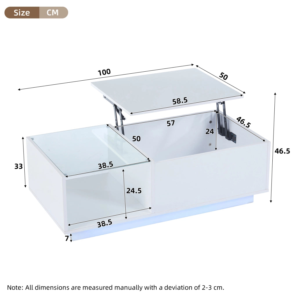 TAVOLO da Caffè Sollevabile 100x50 cm Bianco in Truciolato con LED