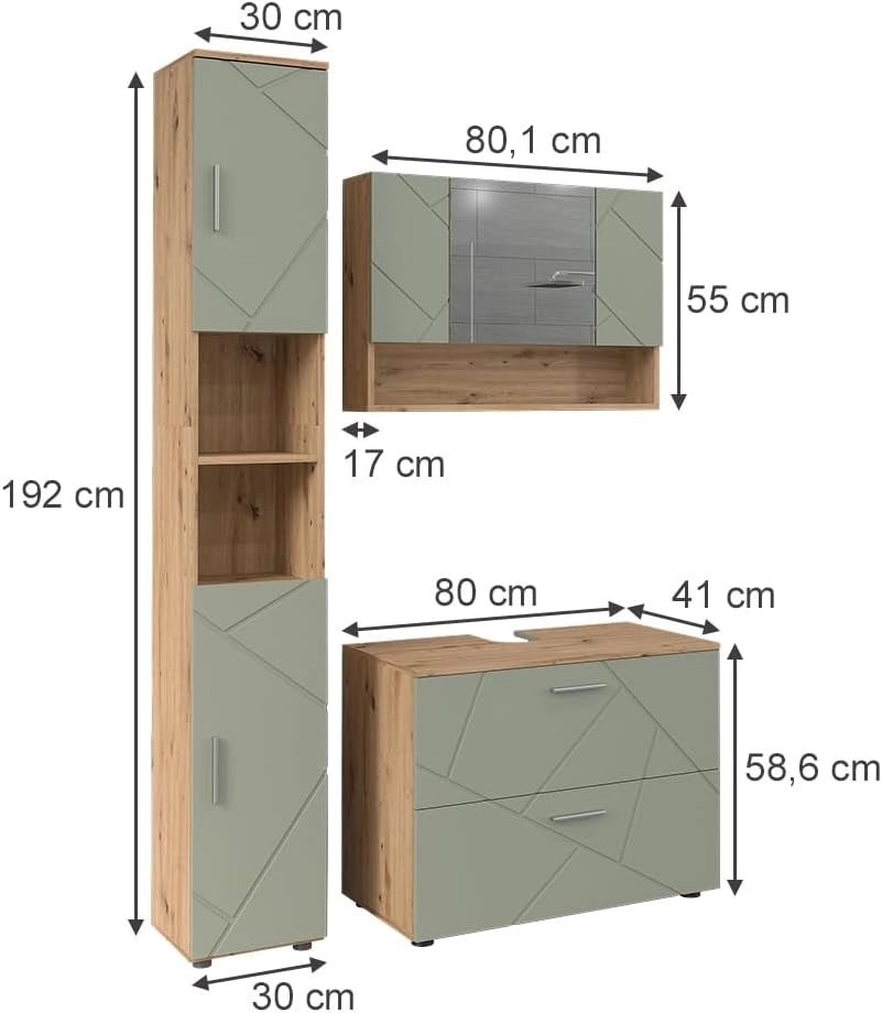 Set di mobili da bagno Irma, Verde salvia, 80 cm, composto da mobile sottolavabo, specchiera e colonna alta