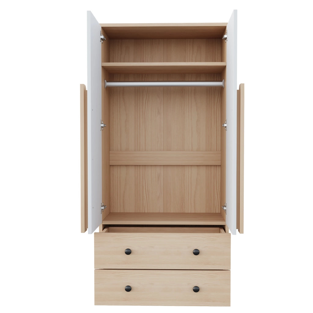 Armadio con 2 ante e 2 cassetti, 1 vano, per camera da letto e soggiorno, in legno, naturale e bianco, 70 × 40 × 170 cm