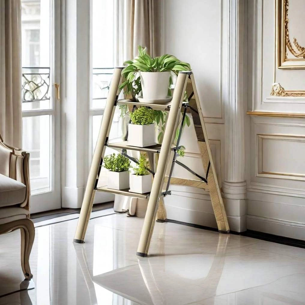Scala pieghevole ULEVR a 3 gradini in alluminio, 65x45x82 cm, pedane antiscivolo, oro