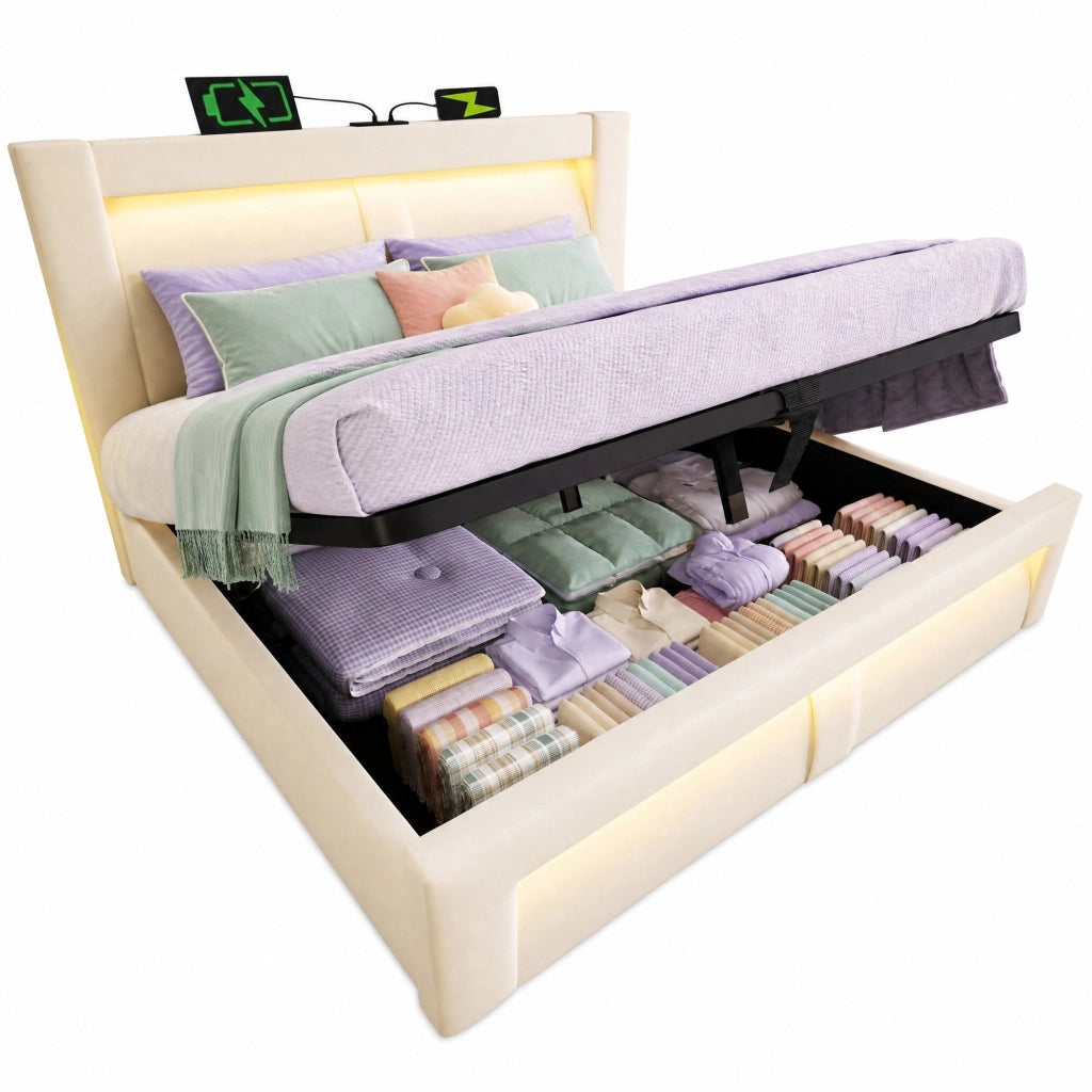 Letto matrimoniale 160x200 cm in velluto beige con contenitore, LED, USB e Type-C, senza materasso