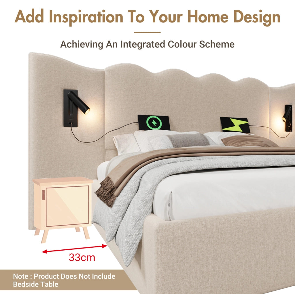 Letto imbottito 180x200 beige con vano, luce e USB-C