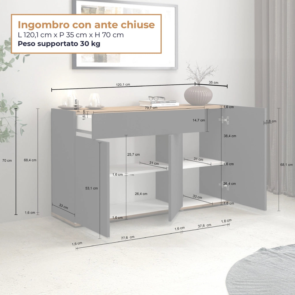 WHOUS Credenza Garda 3 ante e 1 cassetto antracite opaco e rovere 120,1x35x70 cm