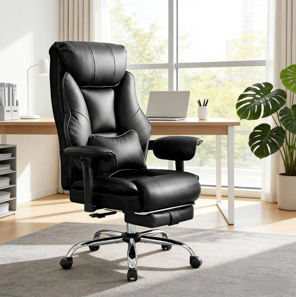 Sedia da ufficio ergonomica nera con poggiapiedi estensibile