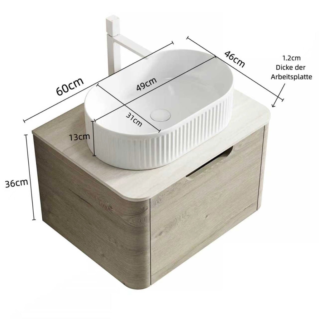 Mobile bagno sospeso con lavabo ovale e cassetto ammortizzato; piano in pietra sinterizzata; 60×46×50.2 cm