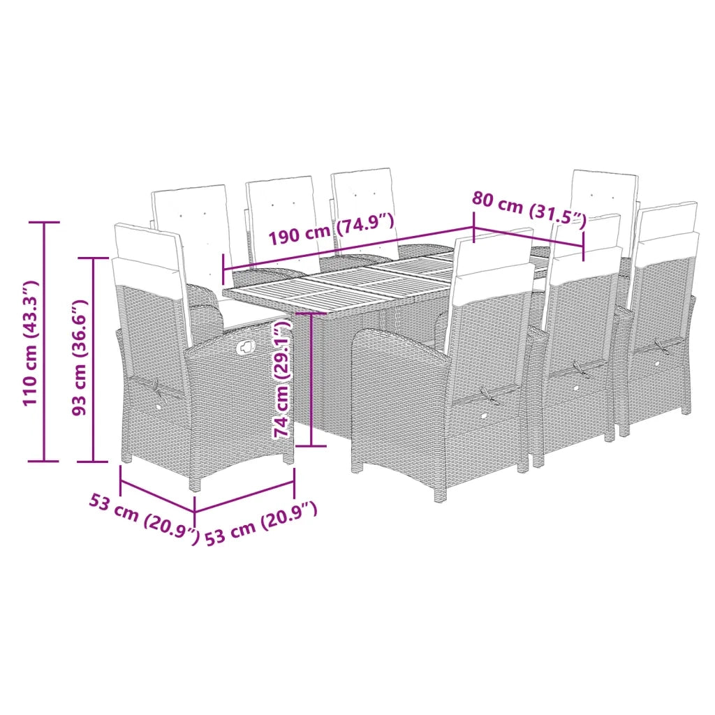 Set da Pranzo da Giardino 9 pz con Cuscini Beige in Polyrattan 3212283
