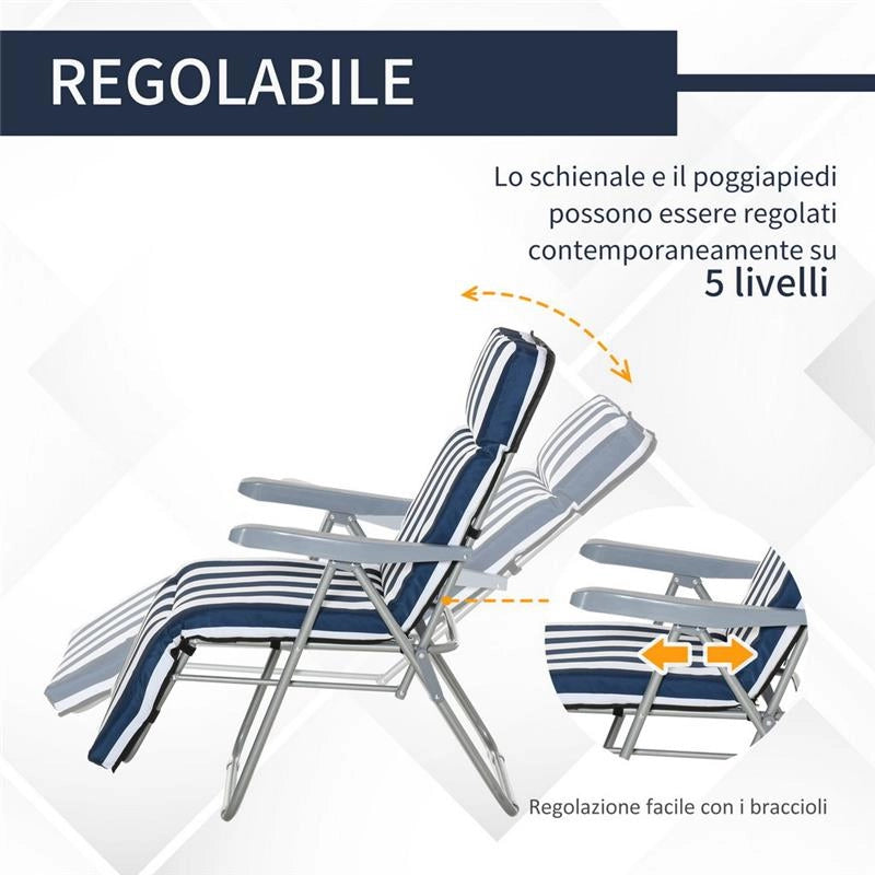 SEDIA SDRAIO 2 PEZZI PIEGHEVOLE E RECLINABILE, LETTINO PRENDISOLE CON CUSCINO IMBOTTITO, BLU E BIANCO