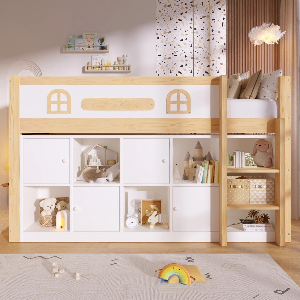 Letto a soppalco 90 × 200 cm con lavagna, ripiani e scala, senza materasso, bianco e naturale