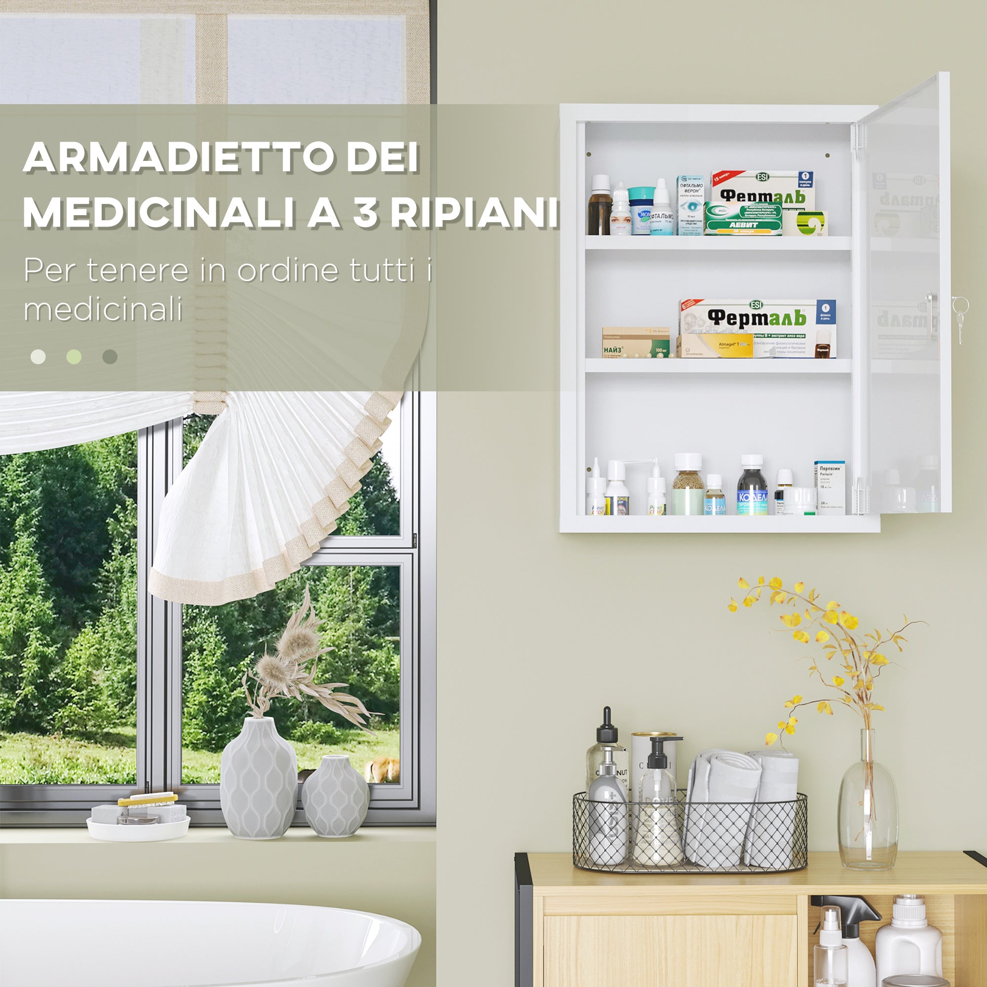 Armadietto Medicinali a 3 Ripiani 40x15x53,5 cm con Serratura e 2 Chiavi in Acciaio Bianco