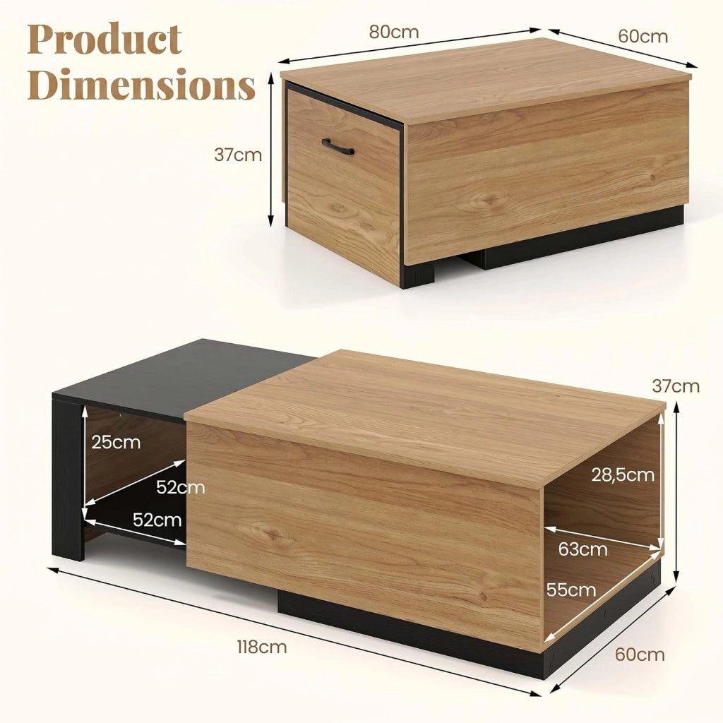 Tavolino da Caffè Estensibile, Tavolino da Salotto con Cassetto Nascosto e Scomparto Aperto, Tavolo Rettangolare con Piano Allungabile in Legno per Soggiorno e Camera, 118 X 60 X 37 CM