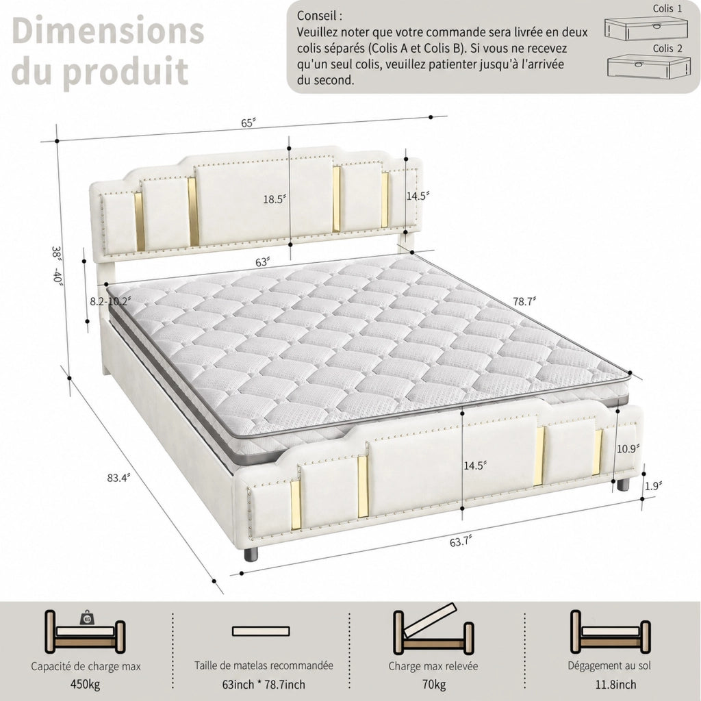 Letto contenitore matrimoniale 160 × 200 cm con sollevamento idraulico, LED e senza materasso, in velluto beige