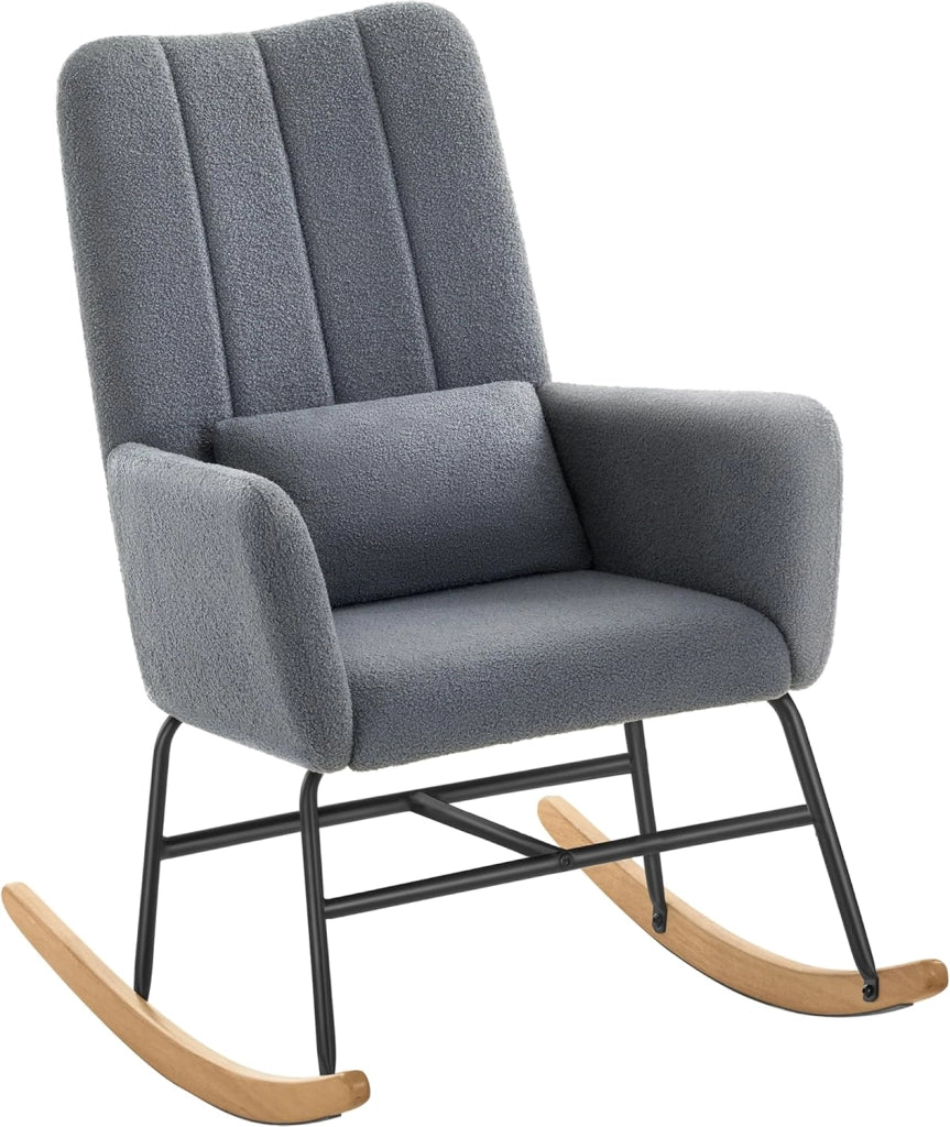 Sedia a Dondolo, con Braccioli, Poltrona a Dondolo, Rivestimento in Peluche, Struttura in Acciaio, Piedi in Legno, Portata 160 kg, Camera da Letto Salotto, Grigio Ardesia LYY500G01