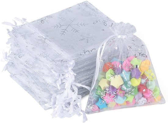 Confezioni di Organza per Regali - Set di 50 - Motivo Neve - Pacchetti di Regalo Bianchi