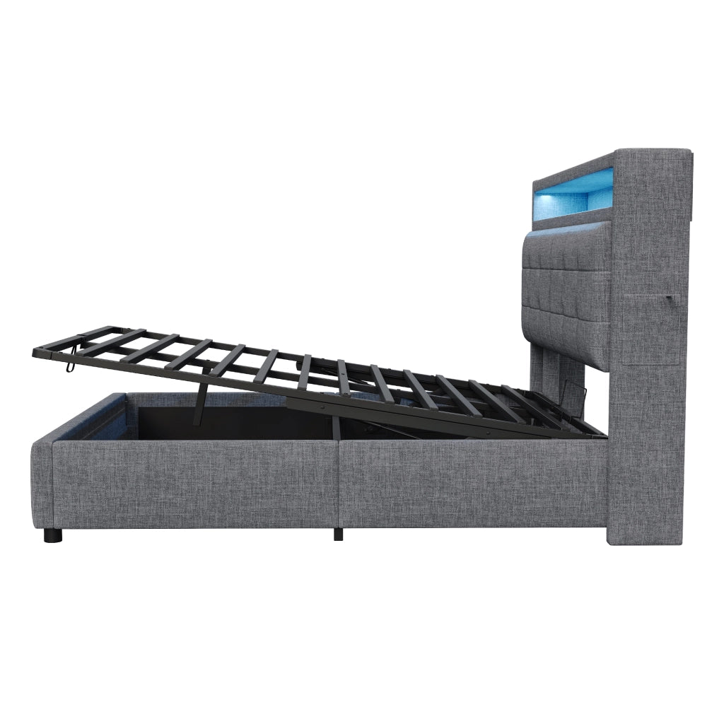 Letto Contenitore; Letto Matrimoniale 160x200 cm; USB; LED e Ripiani - Grigio