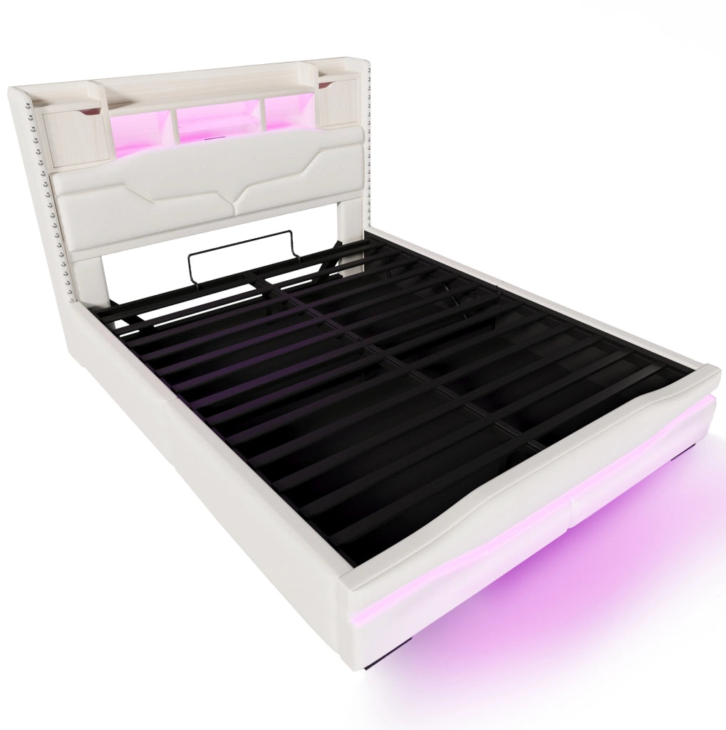 Letto imbottito 160x200 cm con contenitore e LED; prese USB e Tipo-C in lino beige