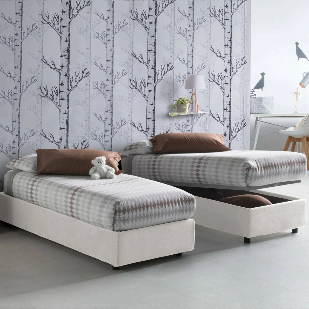 Letto singolo Addison, Letto contenitore con rivestimento in tessuto, Made in Italy, Apertura frontale, con materasso cm 90x190 incluso, Bianco
