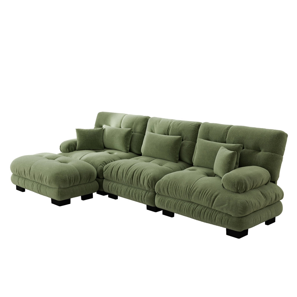 Divano angolare modulare con seduta profonda e pouf mobili per soggiorno in ciniglia verde 313 × 145 × 81 cm