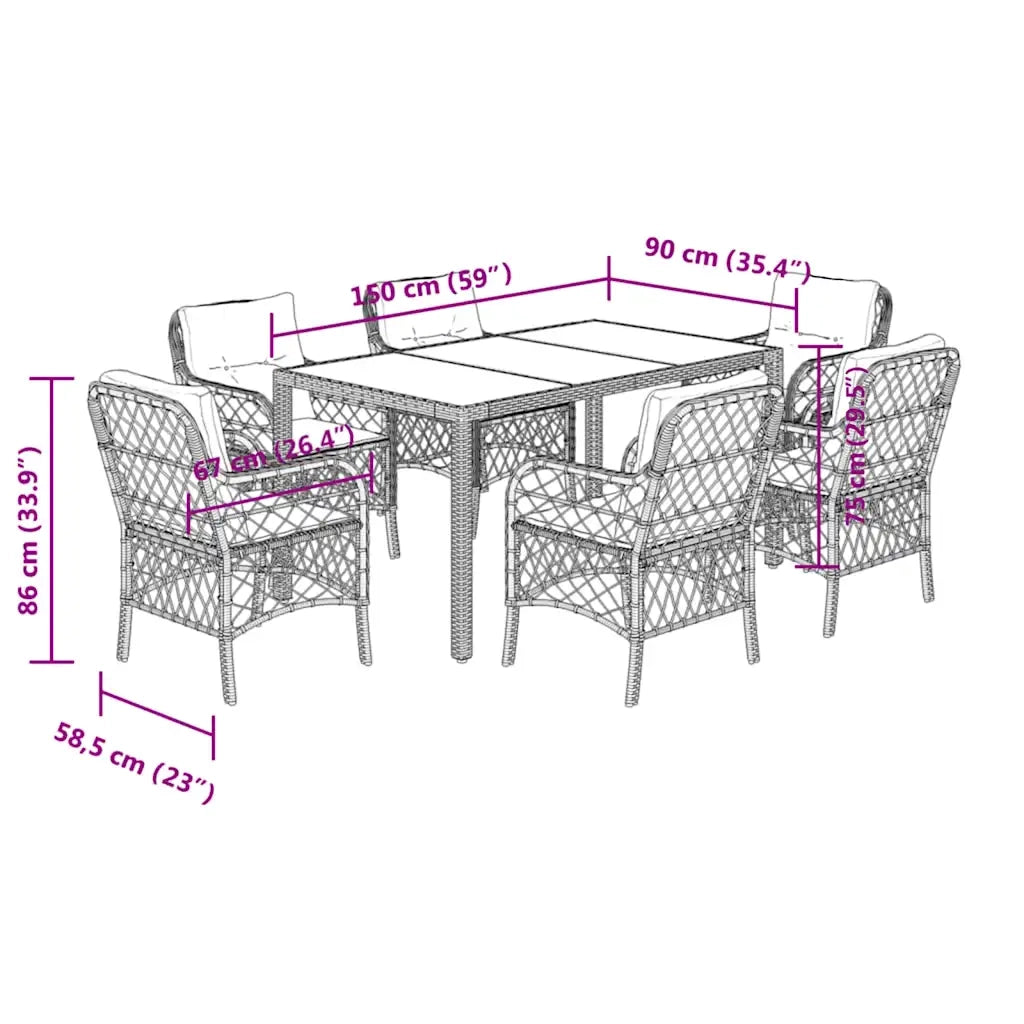 Set da Pranzo da Giardino 7 pz Nero con Cuscini in Polyrattan 3212027