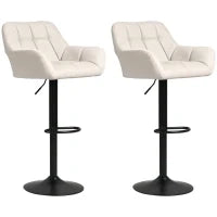 Set 2 Sgabelli da Bar Regolabili in Altezza, in Similpelle e Tessuto effetto Lino, Crema