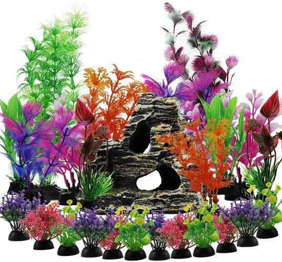 Decorazioni per acquario 25 pezzi - piante in plastica - grotta rocciosa - ornamenti per nascondiglio - accessori per acquario - materiale per la protezione - piante per acquario