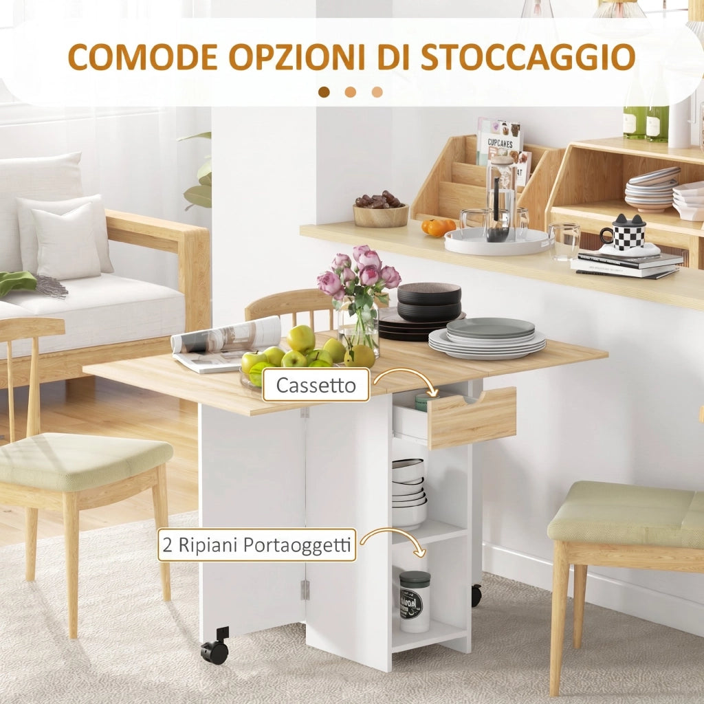 Tavolo da Pranzo Pieghevole Salvaspazio con Cassetto e Ripiani ¨C Zephmum ¨C Rovere