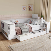 OKWISH Letto a Divano 140×200 cm, Letto Matrimoniale con Cassetto Grande, Ripiani e Armadietti Contenitore, senza Materasso, in MDF, Bianco