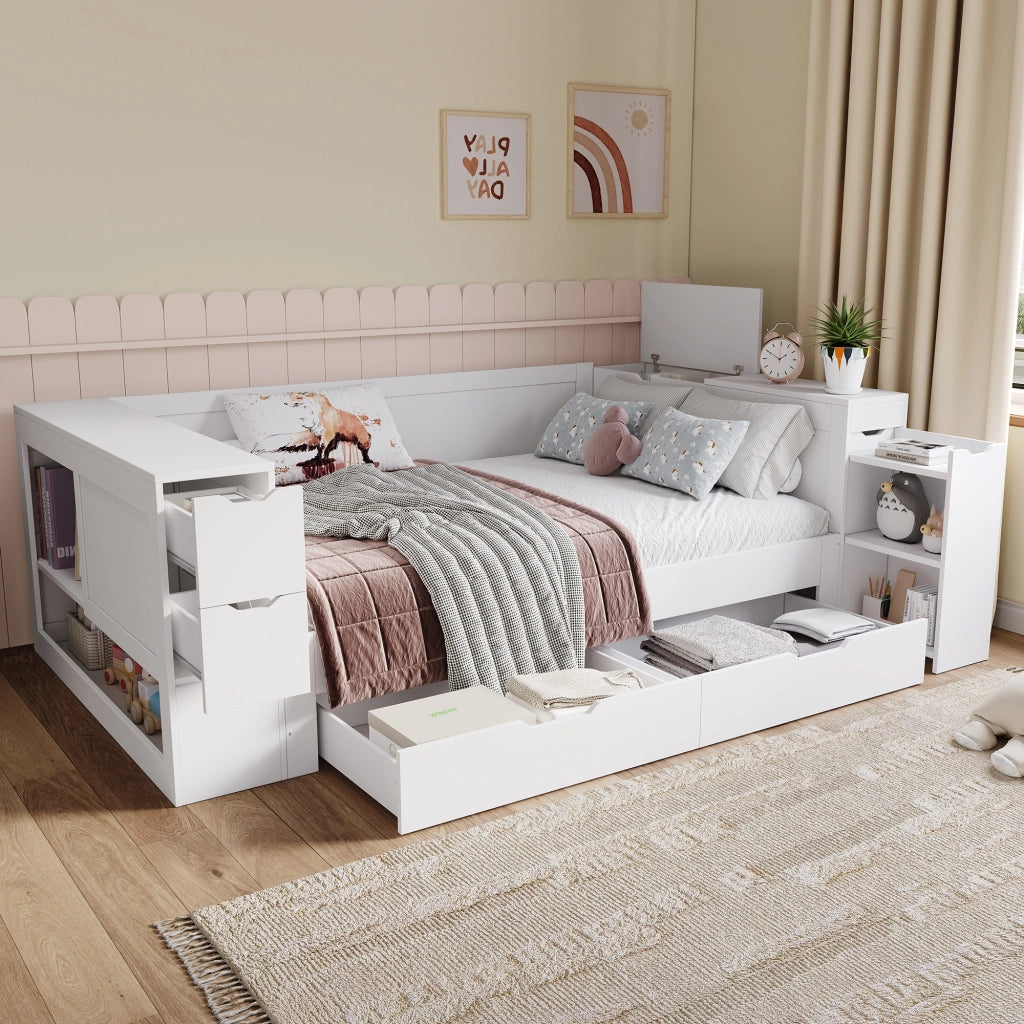 OKWISH Letto a Divano 140×200 cm, Letto Matrimoniale con Cassetto Grande, Ripiani e Armadietti Contenitore, senza Materasso, in MDF, Bianco