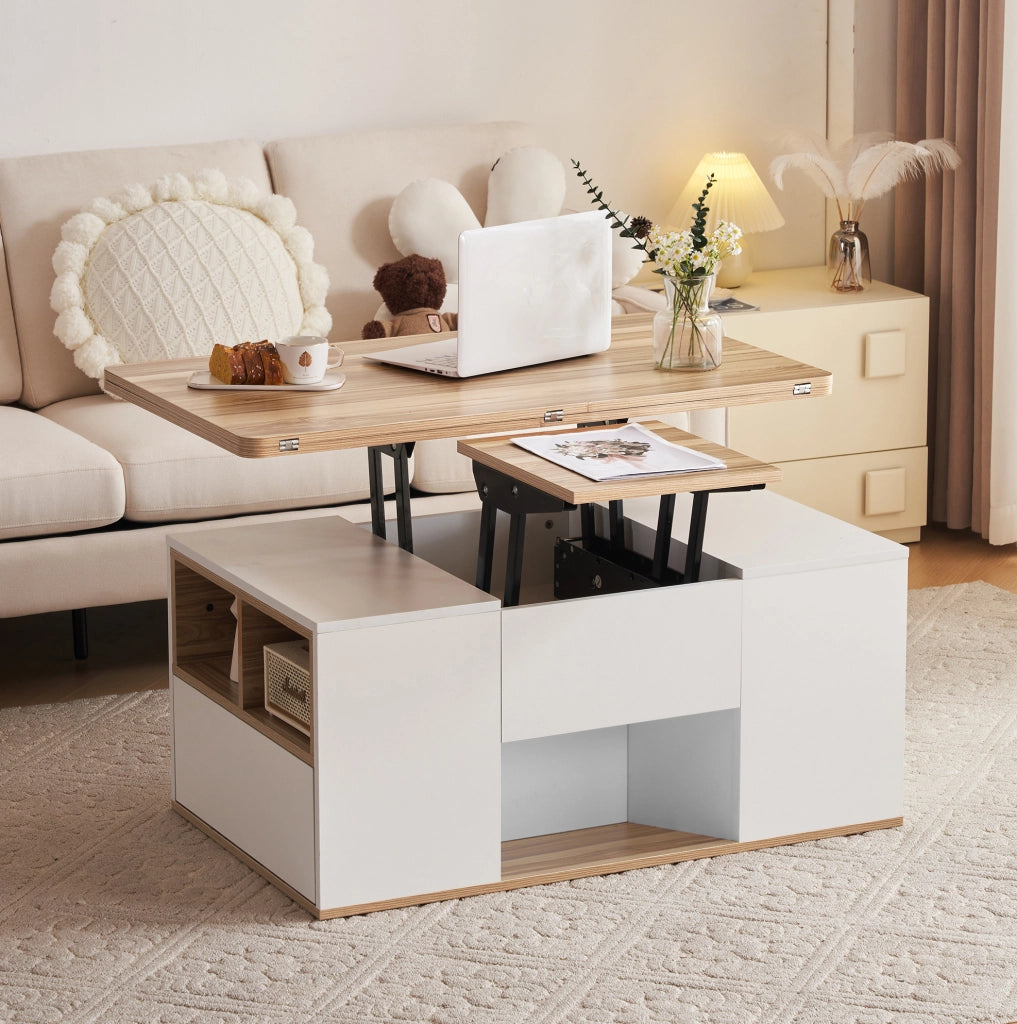 Tavolino da salotto sollevabile 100x51x47 cm in truciolare bianco e legno naturale