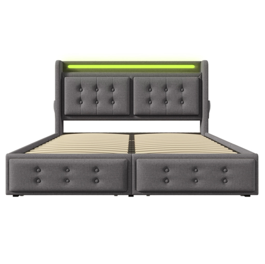 Letto matrimoniale 140x200 cm imbottito in tessuto effetto cotone e lino; grigio; con LED e 4 cassetti
