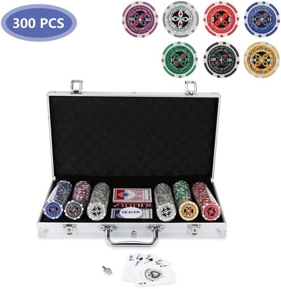 Set di poker completo con 300 chips - Scatola chiusura automatica in argento