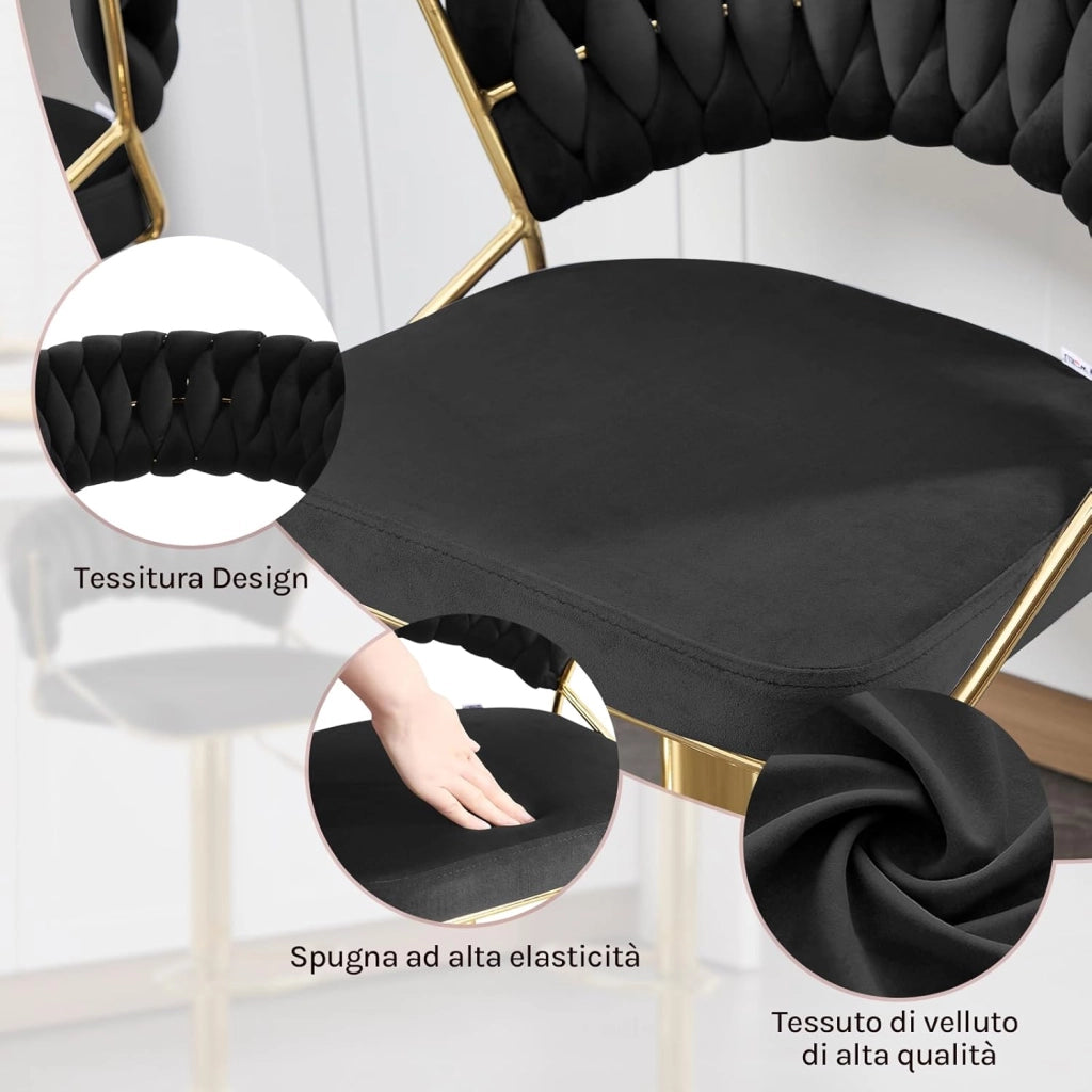 Sgabelli da Cucina Set di 2, Sgabelli da Bar Girevoli Altezza Regolabile con Schienale e Poggiapiedi, Velluto, Nero