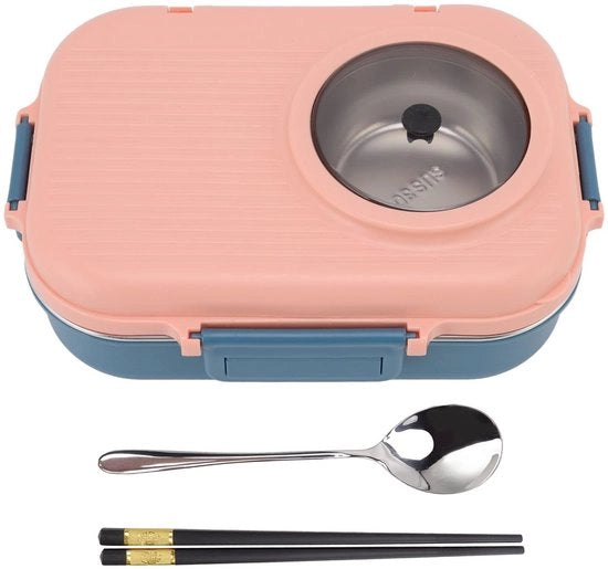 Lunchbox RVS a doppia parete - 3 Compartimenti - Conservazione termica - Incluso cucchiaio e stecchi per cibo - Gomma a doppia parete in silicone - Duraturo e sicuro - Contenitore per pasti