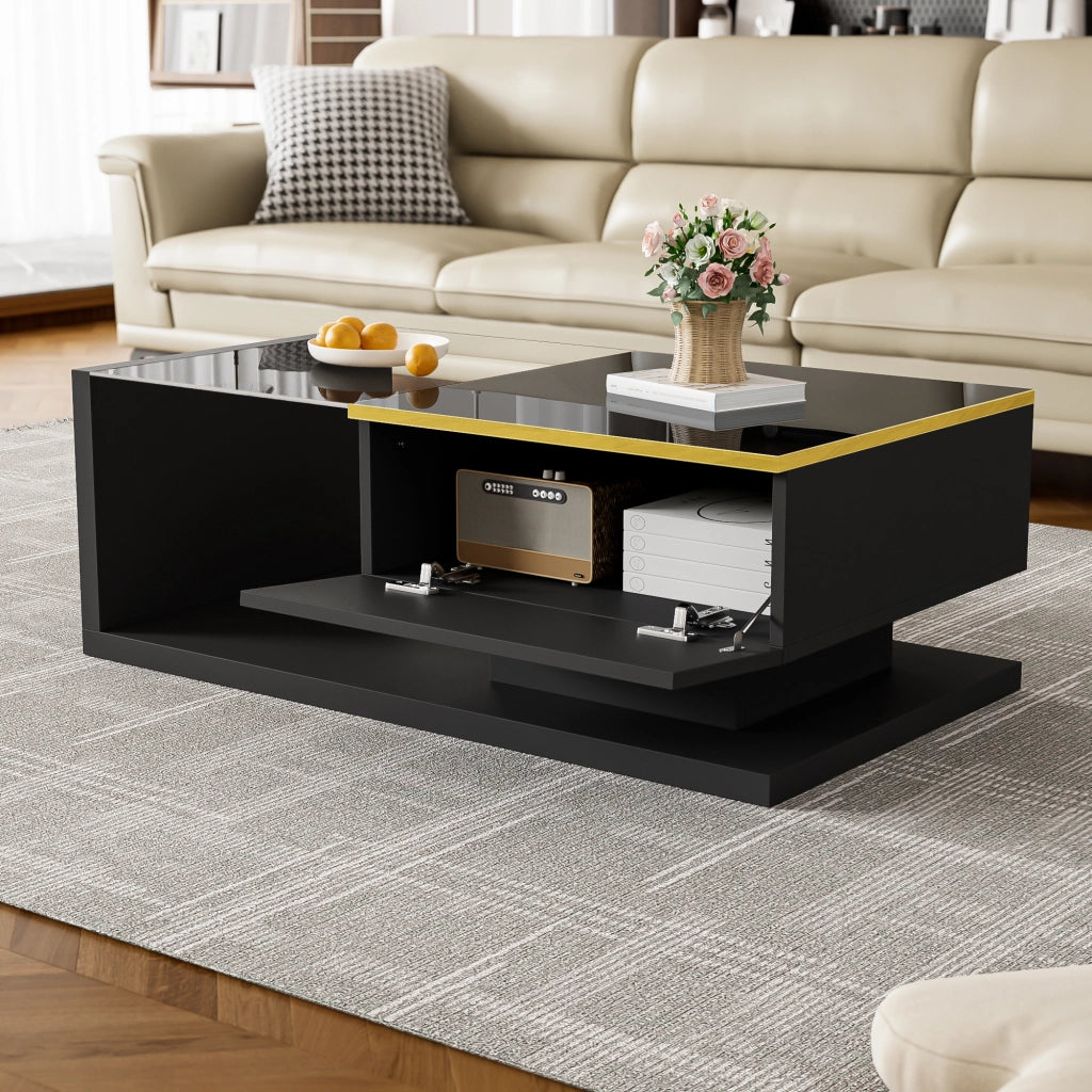 Tavolino da Salotto 90×50×32;5 cm con Piano in Vetro e LED 16 Colori; Nero Lucido; in Pannello truciolare; Nero