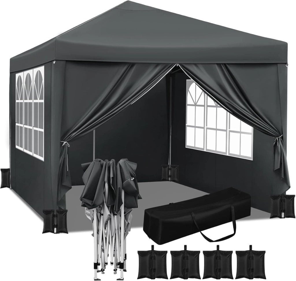 Gazebo da Giardino Richiudibile 3x3m Gazebo da Esterno in Ferro Regolabile in Altezza Tendone Pieghevole con Telo Idrorepellente,Set di 4 Sacchi di Sabbia, Facile da Montare Antracite