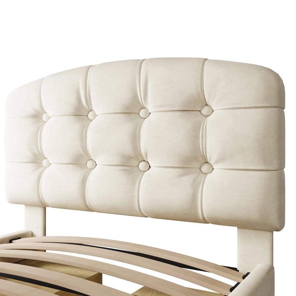 Letto Singolo Imbottito con Cassetti ¨C Xylo ¨C Velluto Beige, Testiera Regolabile, 90x200