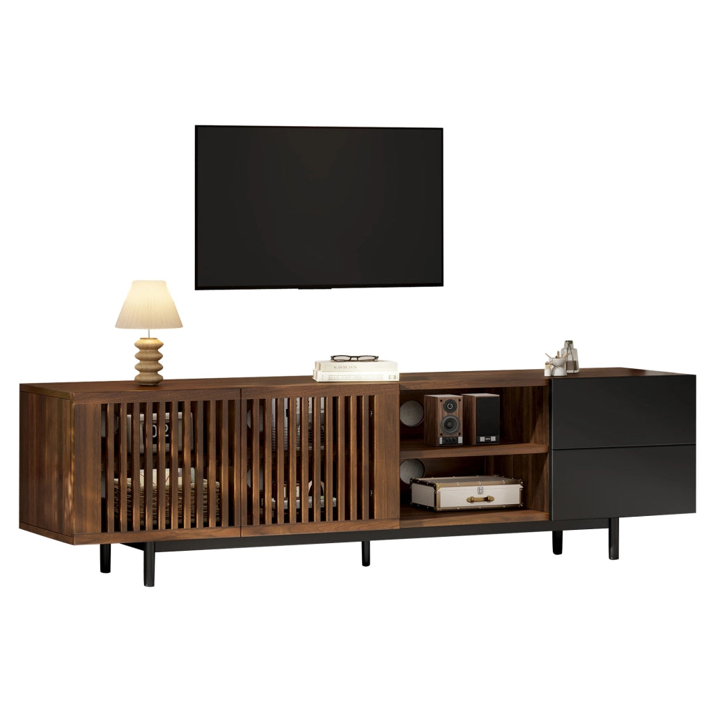 Mobile TV 160 cm con ante a doghe; 2 cassetti e vani aperti; MDF nero/naturale