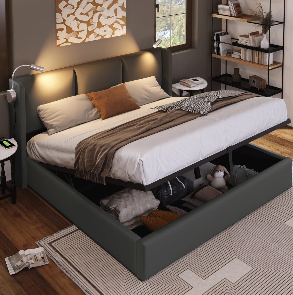 Letto matrimoniale 160x200 cm in PU grigio con contenitore; luce lettura e porta USB