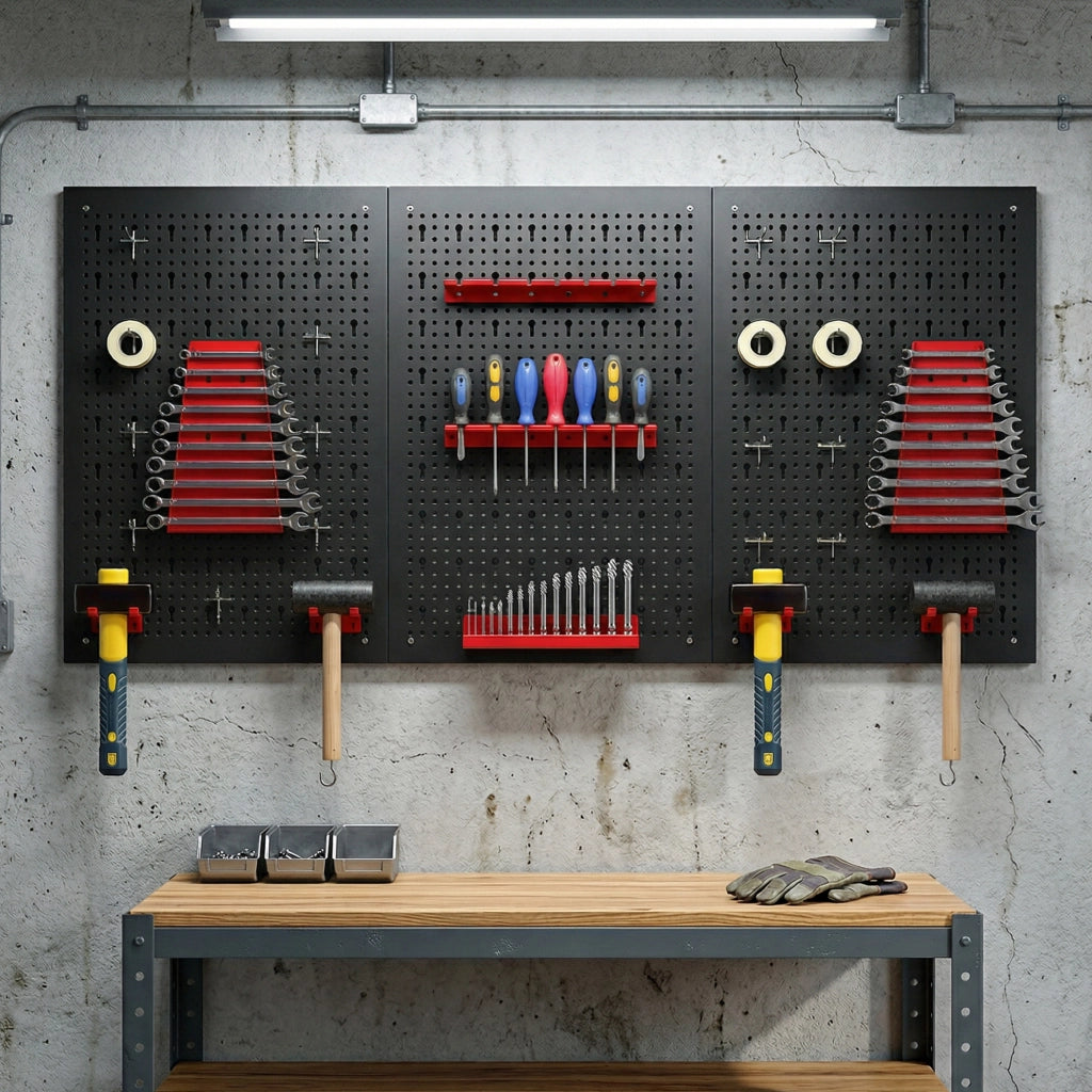 Set 3 Pannelli Porta Attrezzi da Parete in Acciaio con 9 Supporti e 16 Ganci. Nero e Rosso
