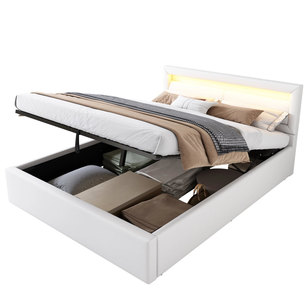 Letto imbottito 140x200 cm con LED, rete e vano contenitore