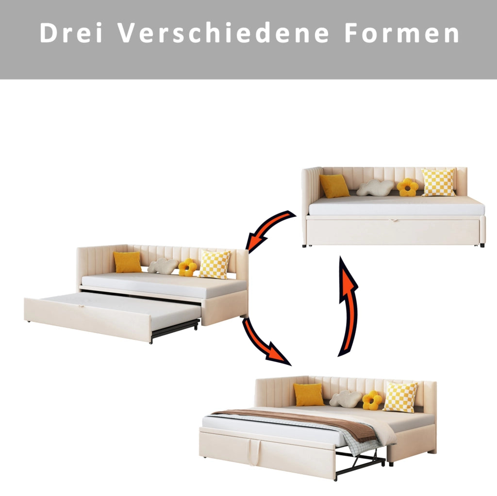 LETTO SOFA L-Forma Estraibile 90x200 cm Velluto Beige