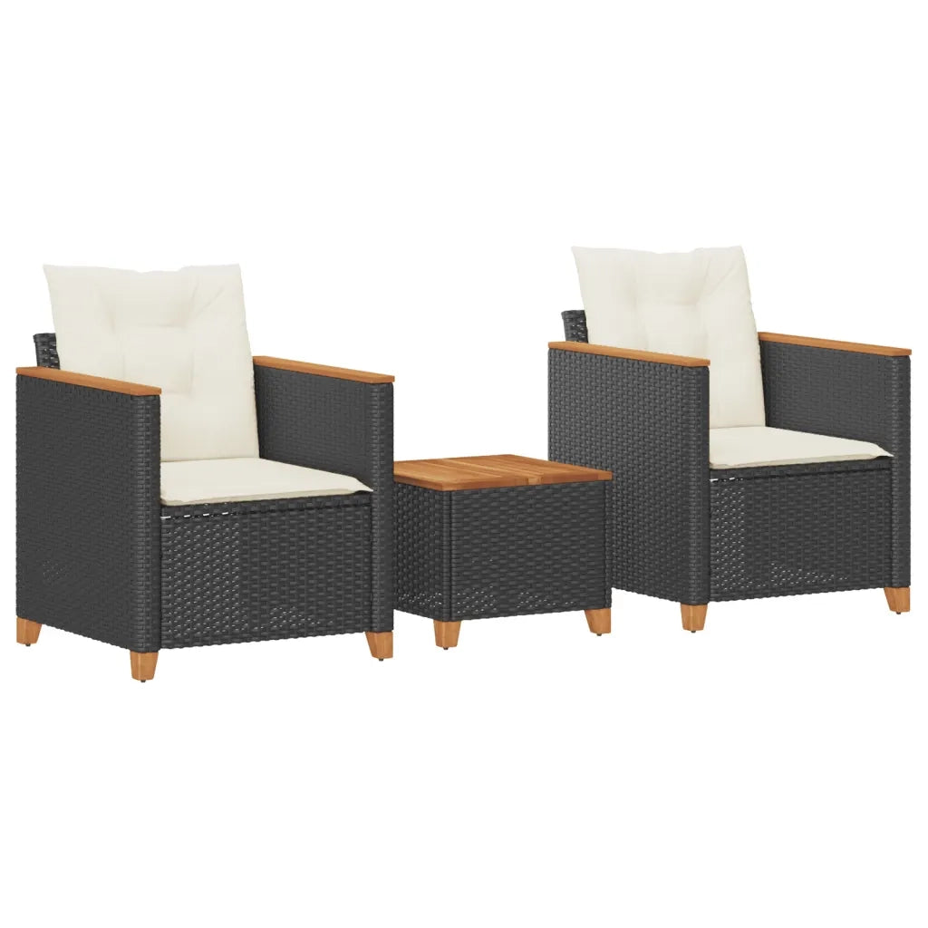 Set da BistrÃ² 3 pz con Cuscini Nero Polyrattan e Legno Acaciacod mxl 114421