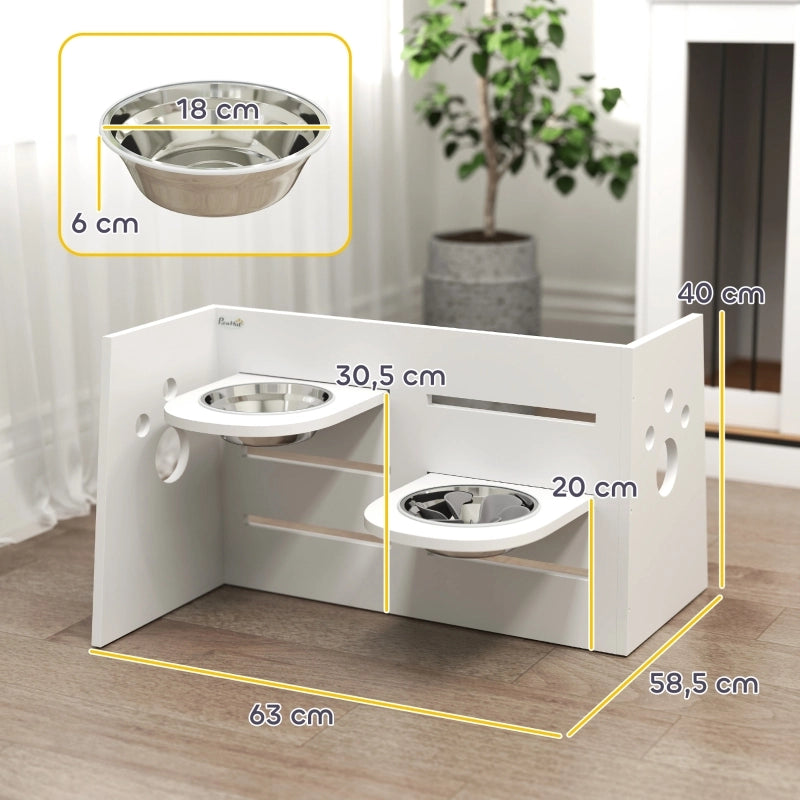 Ciotola rialzata per cani con doppio lato e 3 altezze regolabili, tappetino antiingozzamento, in MDF bianco 63 × 58,5 × 40 cm