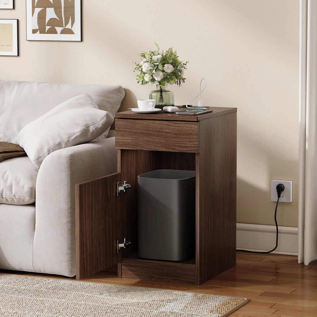Comodino con Carica USB-A/USB-C e Presa Elettrica ¨C MINIMAL ¨C Noce, 33x40x61,5cm