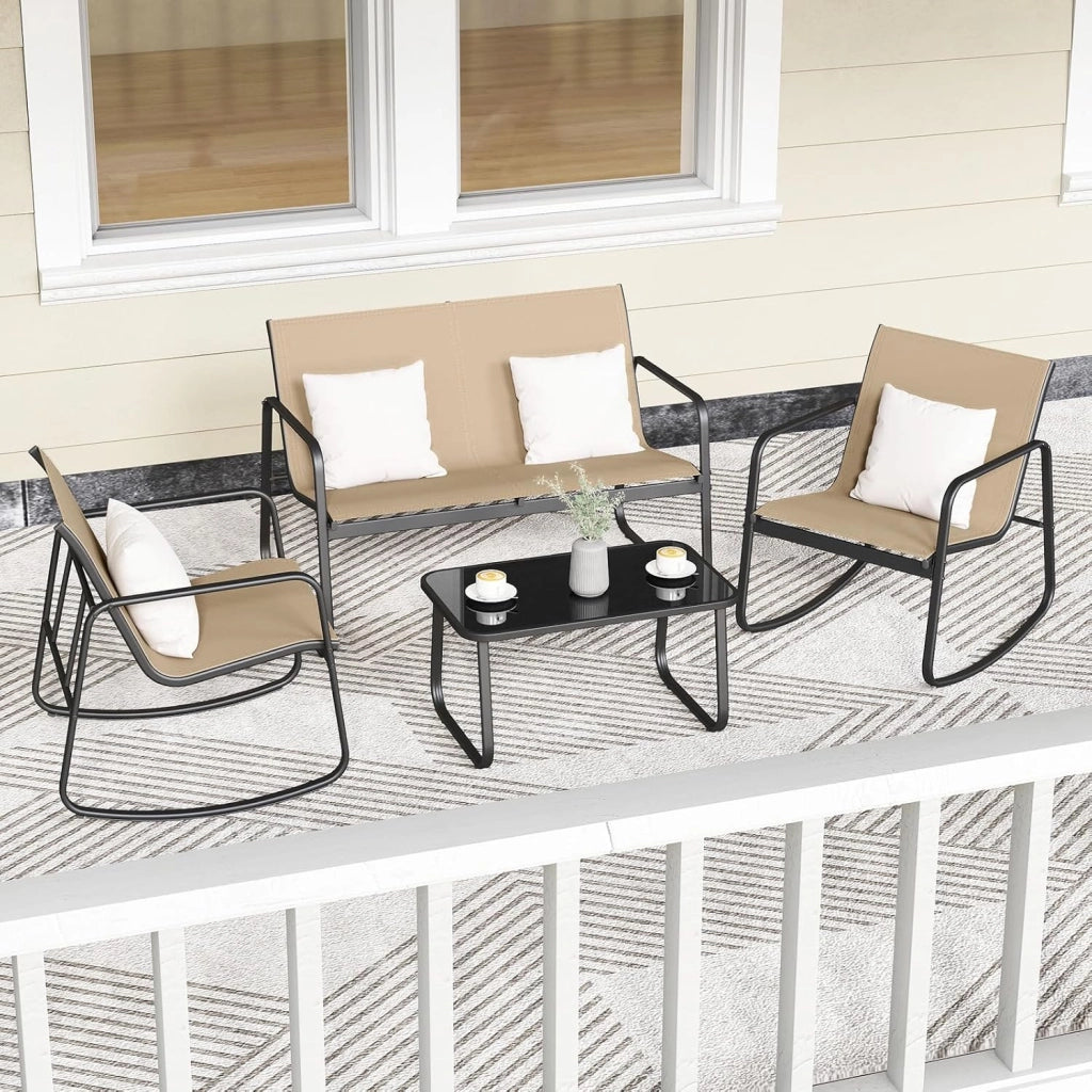 Set di 4 mobili da giardino con tavolino da salotto e panca da giardino e 2 sedie a dondolo, mobili da balcone in textilene con delicato movimento a dondolo (Nero)