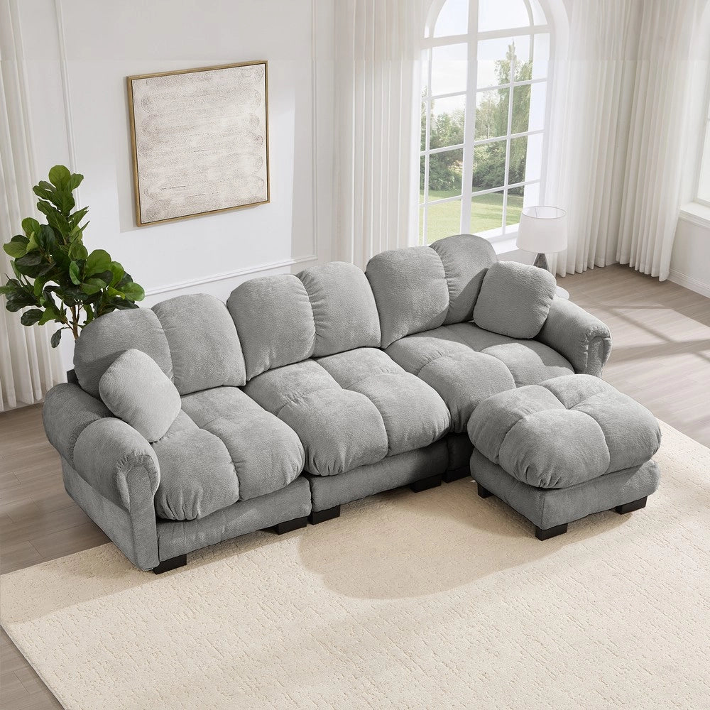 Divano angolare 3 posti ¨C Minimal ¨C grigio chiaro, velluto trapuntato, con poggiapiedi e cuscini
