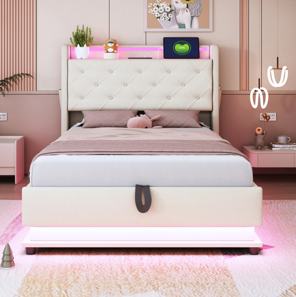 Letto imbottito 90x200 cm; testiera apribile e luci LED; lino beige