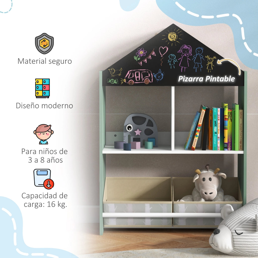 Libreria per bambini con ripiani aperti e 2 contenitori estraibili ¨C Zephmum ¨C Verde 62,4x26,5x90 cm