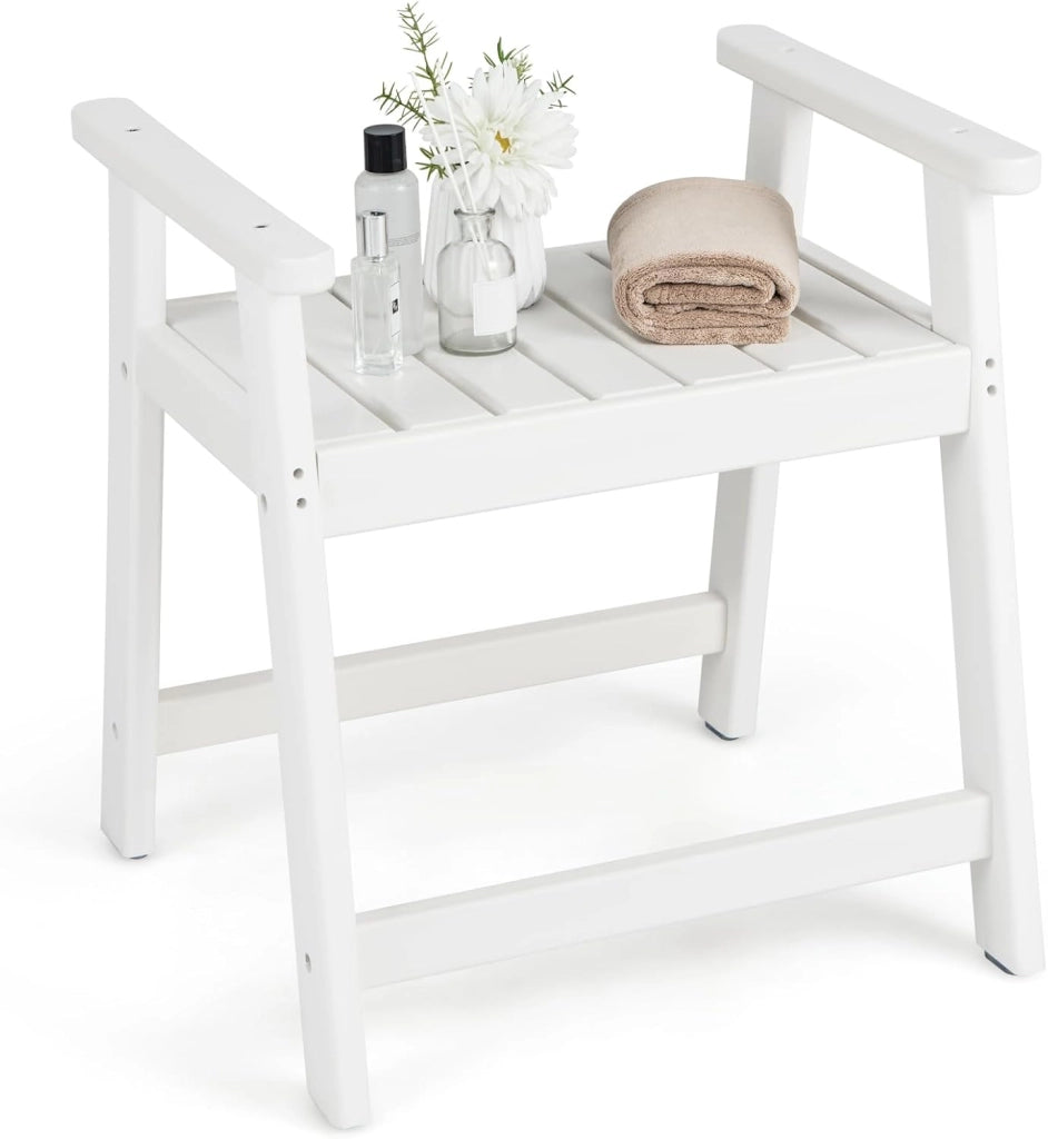 Sgabello da Bagno con Braccioli, Sgabello Doccia Impermeabile con Piedini Antiscivoli, Panca Versatile con Carico 150 kg, 58x52x61,5cm (Bianco)