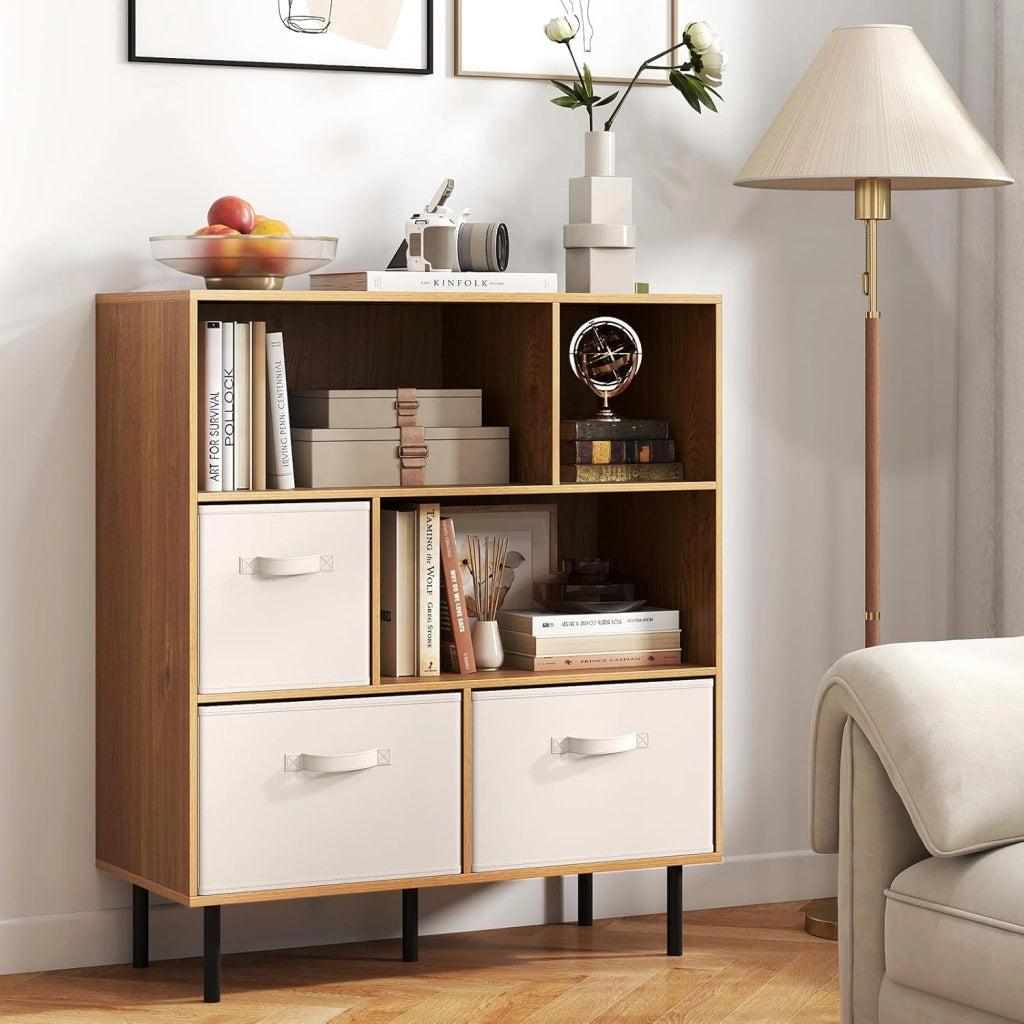 Libreria a 6 cubi, 3 ripiani, con 3 cesti in tessuto pieghevoli rimovibili e 2 protezioni antiribaltamento, libreria autoportante per casa e ufficio, 90 x 40 x 105 cm
